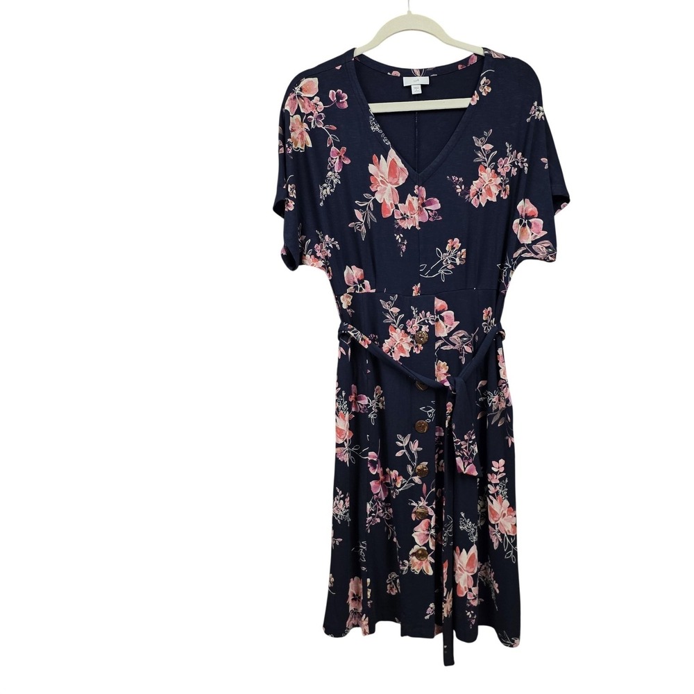 J Jill Dress Women S Petite Blue Floral Button Belted Fit & Flare Knee Length - Picture 2 of 8
